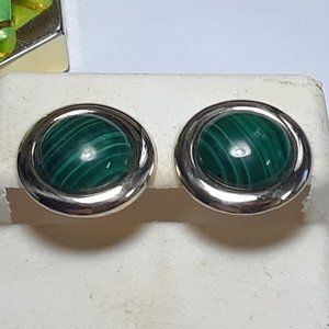 11mm Natural Round Cab Malachite Bezel 10Kt YG framed RGF post Earrings #18321